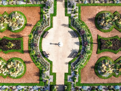 Top Down view over Italian Garden in Abbey Park from drone, Torquay, Torbay, Devon, England, United