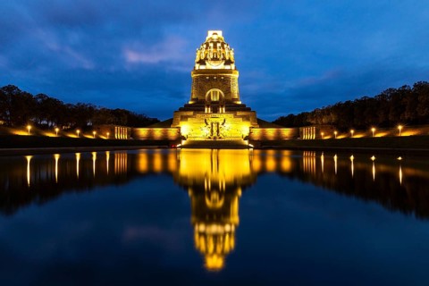 Monument to the Battle of the Nations, Lake of Tears, Blue Hour, Leipzig, Saxony, Germany