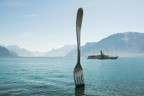 La Fourchette, the fork, sculpture by Jean-Pierre Zaugg, Vevey, Lake Geneva, Lac Léman, Canton of