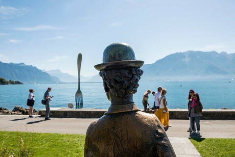 Charlie Chaplin, statue by John Doubleday, Vevey, Lake Geneva, Lac Léman, Canton of Vaud,