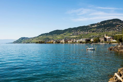 Panorama, lakeside town, Vevey, Lake Geneva, Lac Léman, Canton of Vaud, Switzerland