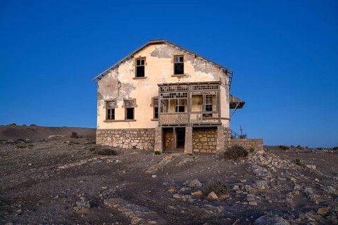 Dilapidated building in the desert sand, blue hour, Kolmanskop, near Lüderitz, Karas region,