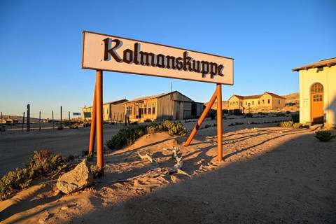 Sign Kolmanskuppe, Kolmanskuppe, near Lüderitz, Karas Region, Namibia