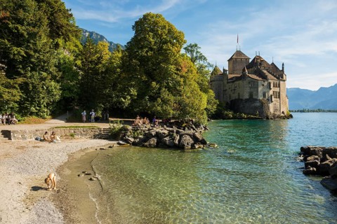 Bathing beach, Château de Chillon, Chillon Castle, near Montreux, Lake Geneva, Lac Léman, Canton