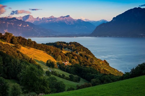 Panorama, Lake and mountains, Tour-de-Gourze, Riex, Sunset, Lavaux, UNESCO World Heritage Site,