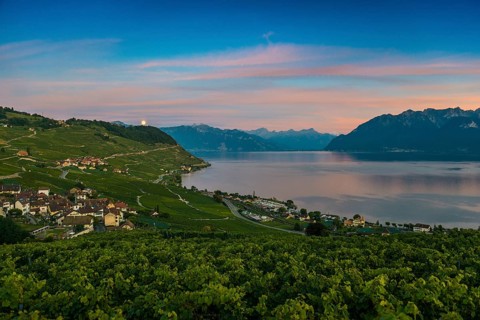 Picturesque village in the vineyards by the lake, Epesses, sunset, full moon, Lavaux, UNESCO World