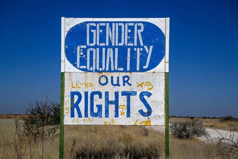 Gender Equality sign, Osire Refugee Settlement, refugee camp, Osire, Otjozondjupa region, Namibia