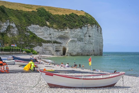 Simple wooden boats on the beach of, Yport, Département Seine-Maritime, France
