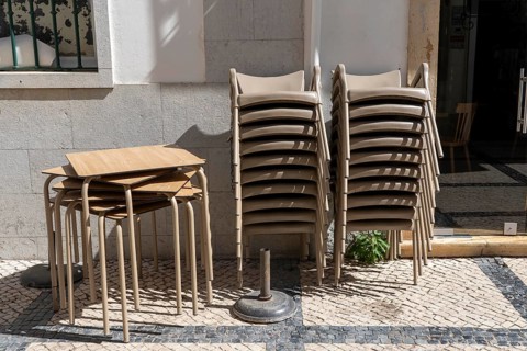 Restaurant furniture, for outdoor catering, tables, chairs, stacked, day off, catering closed, old