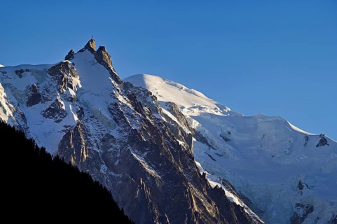 From left snow-covered Aiguille du Midi, Mont-Blanc, Vallot Hut, Chamonix-Mont-Blanc, Haute-Savoie,