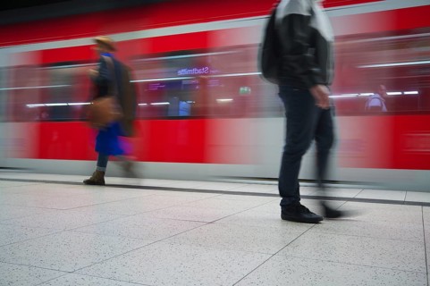 Underground arriving S-Bahn, train, class 420 in traffic red, platform, stop, Stadtmitte station,