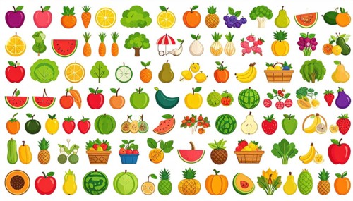 Spring and summer fruit and vegetable element set, vector illustration, AI generated