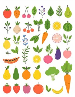 Spring and summer fruit and vegetable element set, vector illustration, AI generated