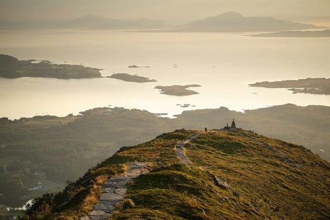 Cairns and view over islands and sea, evening mood, Rørsethornet stone staircase, with 3292 steps