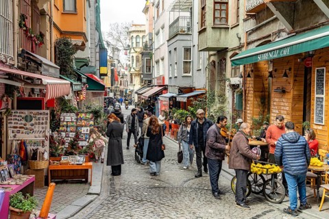 Cafe and shops in the colourful Balat district, Istanbul, Turkey