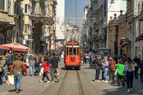 The nostalgic tram on the shopping street Istiklal Caddesi in Beyoglu, Istanbul, Turkey