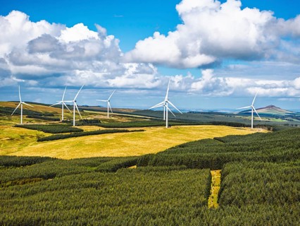 Wind Farm from a drone, Roxburghshire, Roxburgh, Southern Uplands, Scotland, UK