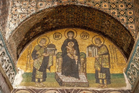 Founder mosaic with Mary, Emperor Justinian and Emperor Constantine in the Hagia Sophia or Church