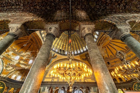 Columns in the interior of today's Hagia Sophia mosque or Church of St Sophia, former Byzantine