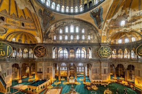 Interior of today's Hagia Sophia mosque or Church of St Sophia, former Byzantine church and museum