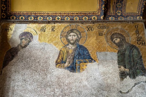 Deësis mosaic with Jesus Christ as Pantocrator in the interior of today's Hagia Sophia mosque or