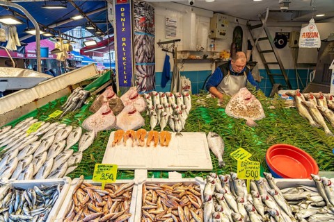 Stall at the fish market in Karaköy, Istanbul, Turkey