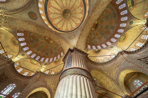 Column and domes of the Blue Mosque or Sultan Ahmed Mosque in Istanbul, Turkey