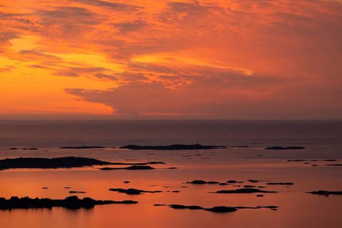 Offshore islands and skerries, sea, dramatically illuminated clouds, sunset, Otroya or Otrøya