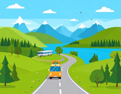 Traveling and hiking in mountain landscape, abstract vector illustration, AI generated image
