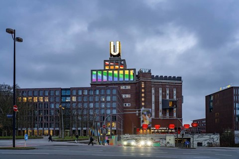 Dortmund landmark U, centre for art and creativity in the former Union Brewery at dusk, Dortmund,