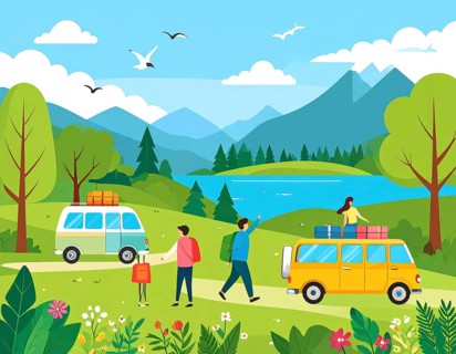 Traveling and hiking in mountain landscape, abstract vector illustration, AI generated image