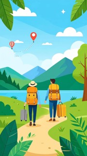 Traveling and hiking in mountain landscape, abstract vector illustration, AI generated image