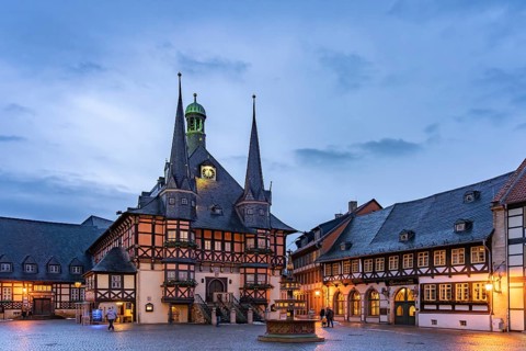 The town hall and market square in Wernigerode at dusk, Saxony-Anhalt, Germany