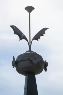 Ornamental iron element on roof peak, former paper mill for the production of groundwood pulp