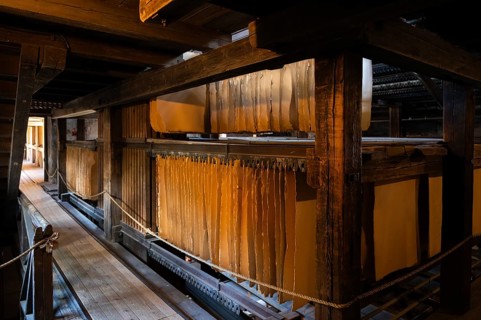 Cardboard hung up to dry, drying plant, factory hall, former paper factory and mill for the