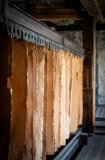 Cardboard hung up to dry, drying plant, factory hall, former paper factory and mill for the