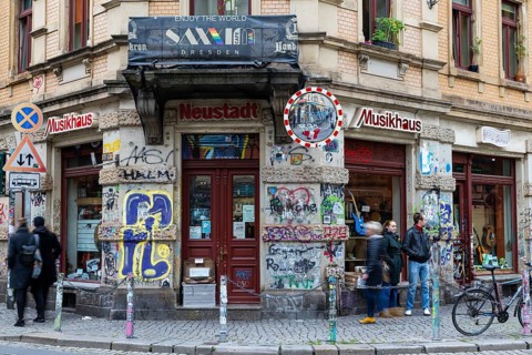 Entrance area of the Musikhaus in the trendy Neustadt neighbourhood, Dresden, Saxony, Germany
