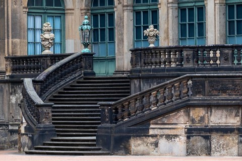 Massive stone staircase in the inner courtyard of the Residenzschloss, Old Town, Dresden, Saxony,