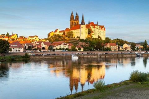 View of Albretsburg Castle and Meissen Cathedral, St. Johannis and St. Donatus, Reflection in the