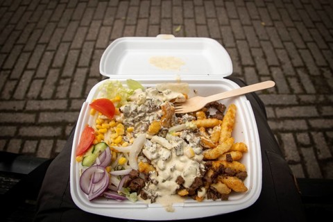 Styrofoam box with fries, vegetables, gyros and sauce, and a wooden fork, fast food, Eidsvoll,