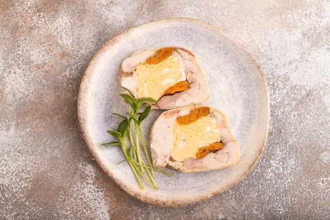 Chicken, egg and dried apricot meatloaf isolated on white. Diet, healthy eating. top view, copy