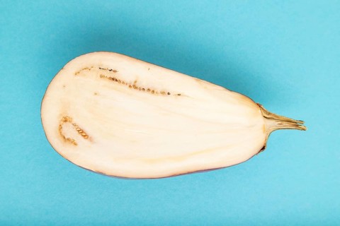 Purple Cutted eggplant with white stripes on blue pastel background. Top view, flat lay, copy space