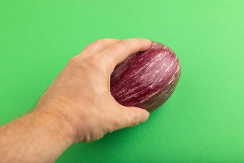 Hand holding Purple eggplant with white stripes on green pastel background. Top view, flat lay,