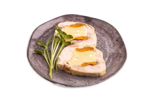 Chicken, egg and dried apricot meatloaf isolated on white. Diet, healthy eating. side view, copy