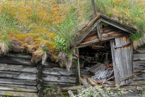 Abandoned, dilapidated wooden hut with grass roof in a green landscape against a mountain backdrop,