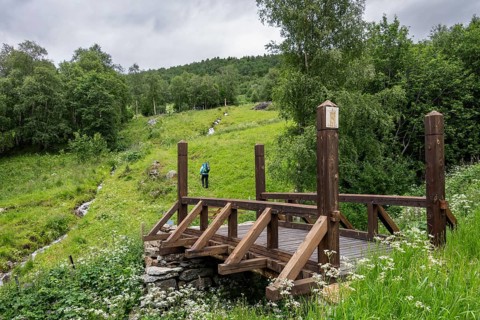 Wooden bridge Leina Bru, Kongevegen or King's Path over Dovrefjell, Hikers in the distance,