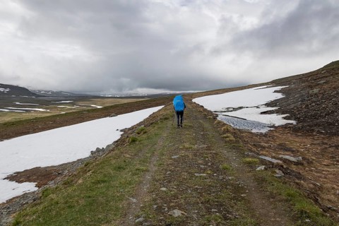 Hiker with rucksack and blue raincoat on a lonely plateau with snowfields, low clouds, Kongevegen