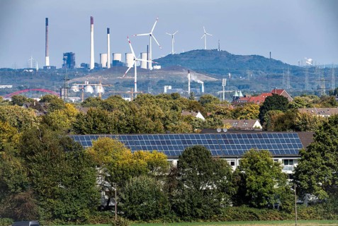 View over the western Ruhr area, from Essen-Haarzopf, housing estate with large photovoltaic