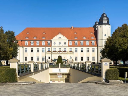 Fleesensee Castle (hotel) with red saddle roof and striking tower under a bright blue sky,