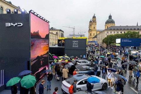 Munich, Germany - 10.9.2025: Electric cars from Chinese car manufacturer BYD in Munich city centre